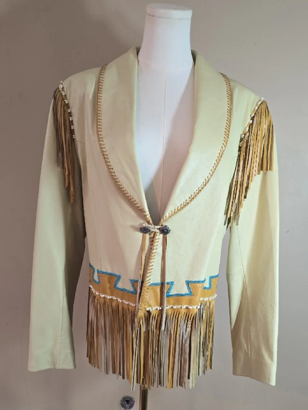 Fringed Pale Yellow Faux Leather Jacket with Turquoise Trim - Picture 8 of 15